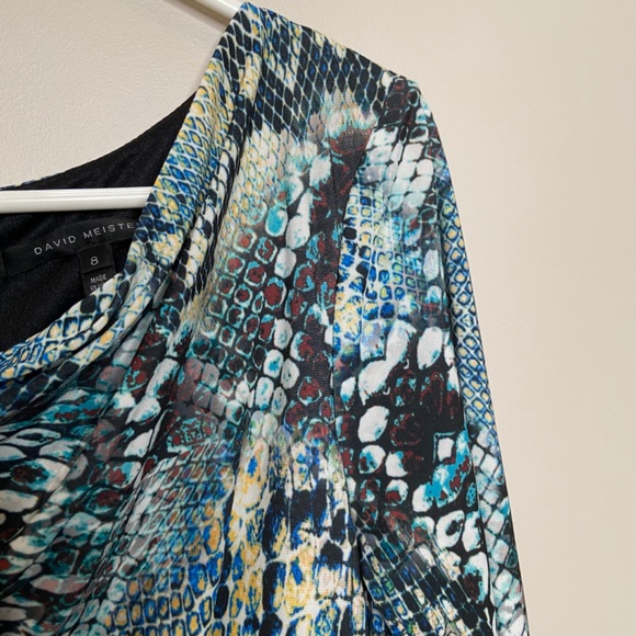 David Meister Midi Multicolor Snake Print Cowl Neck Dress Size 8 - Picture 7 of 14